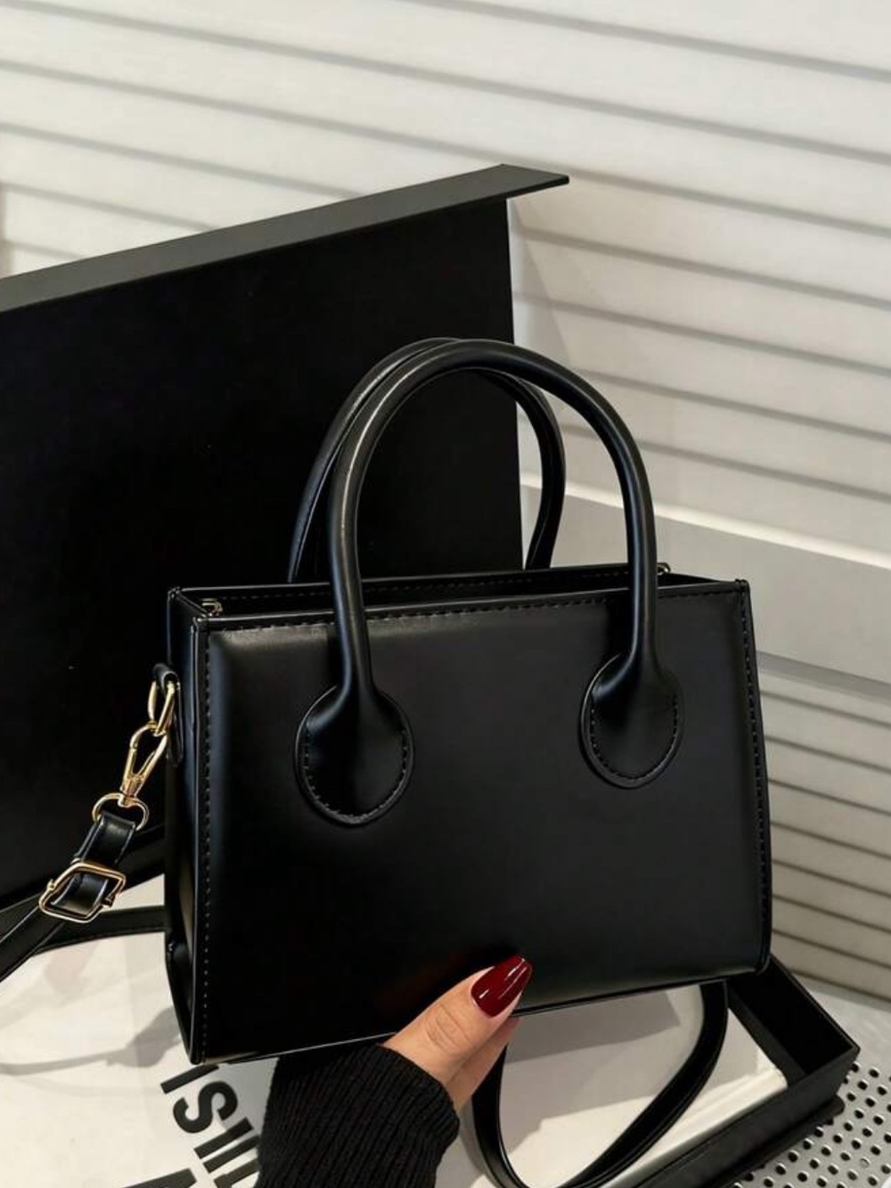 Classic Black Women's Top-Handle Handbag with Removable Strap